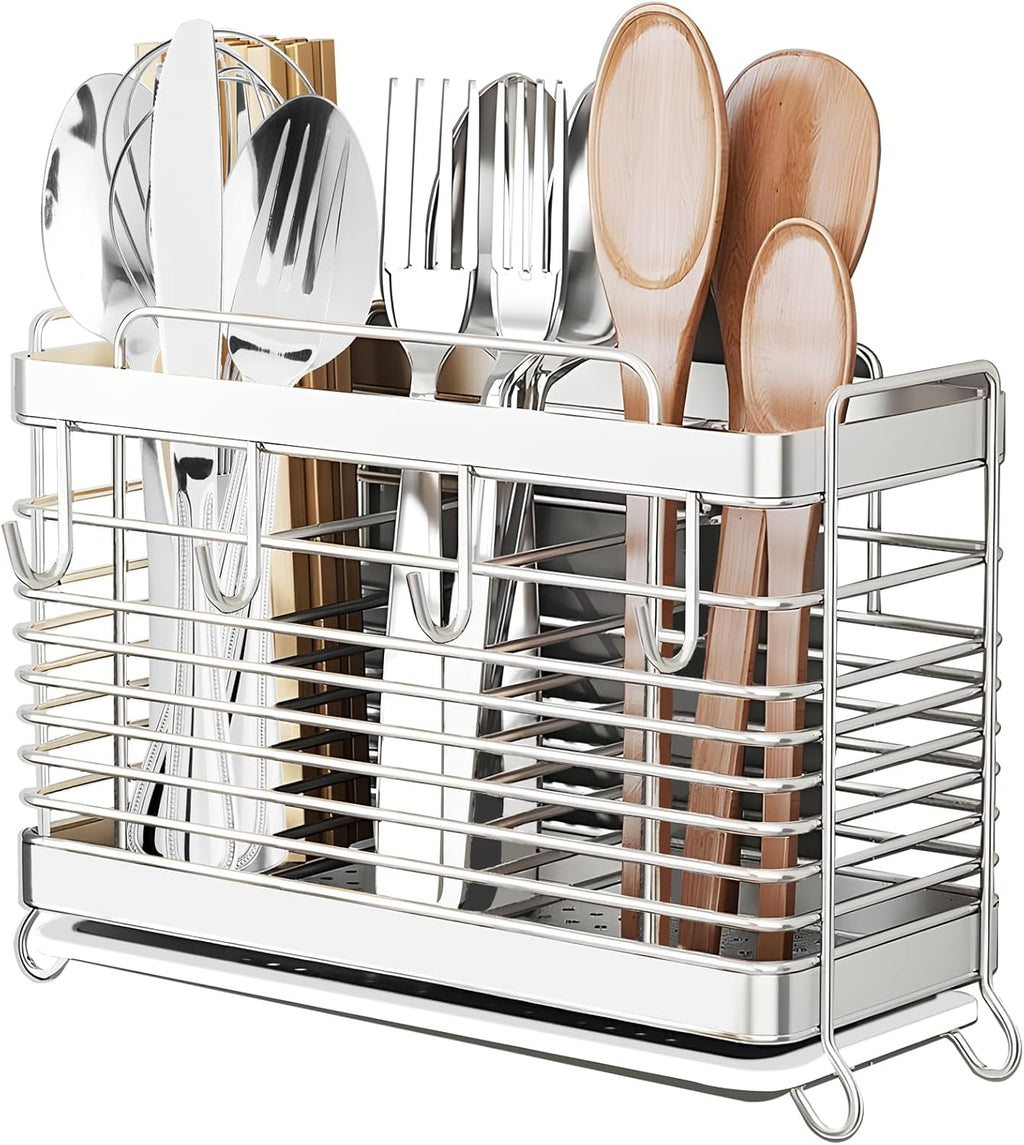 Utensil Holder, Stainless Steel Utensil Drying Rack with Drain Tray, Kitchen Counter Drainer Basket Silverware Cutlery Flatware Holder Forks, Knives, Spoons, Chopsticks Organizer (Silver)