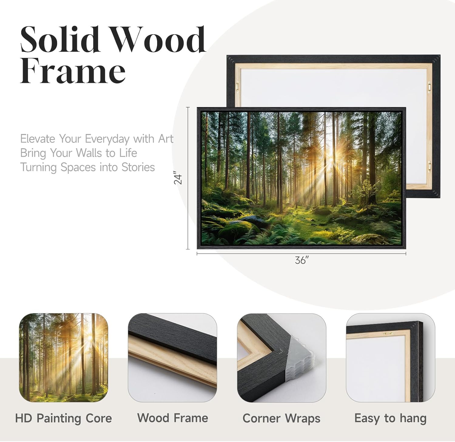 Framed Forest Landscape Wall Art, Horizontal Nature Sunset Canvas Artwork for Walls, Wilderness Scenery Photography Picture, Green Peaceful Print for Living Room Hallway Office Wall Decor, 24x36 Inch