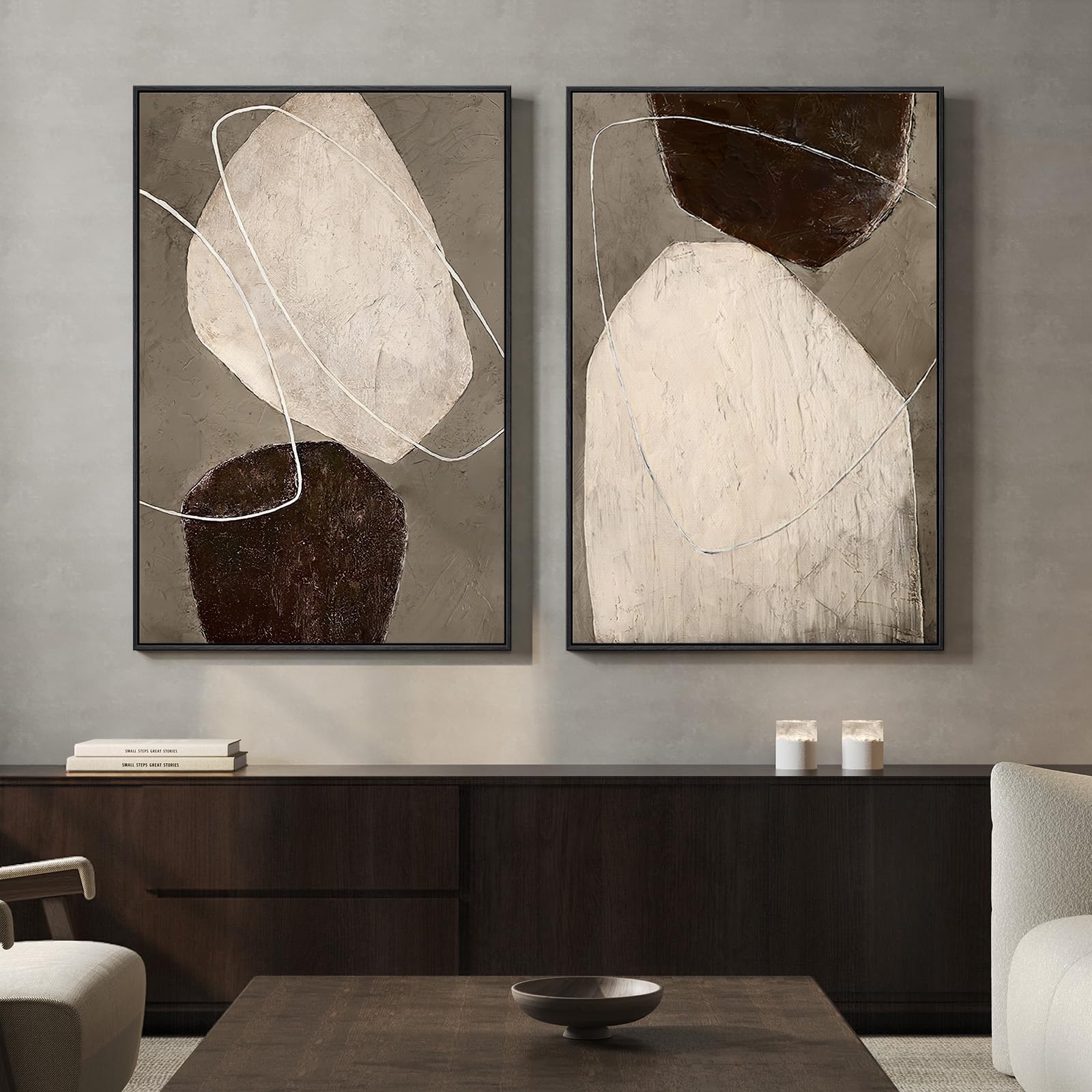 Framed Sage Green Abstract Wall Art for Living Room, Large Set of 2 Abstract Landscape Canvas Artwork for Walls, Minimalist Painting Print for Bedroom Dining Room Office Hallway Wall Decor, 24x36 Inch