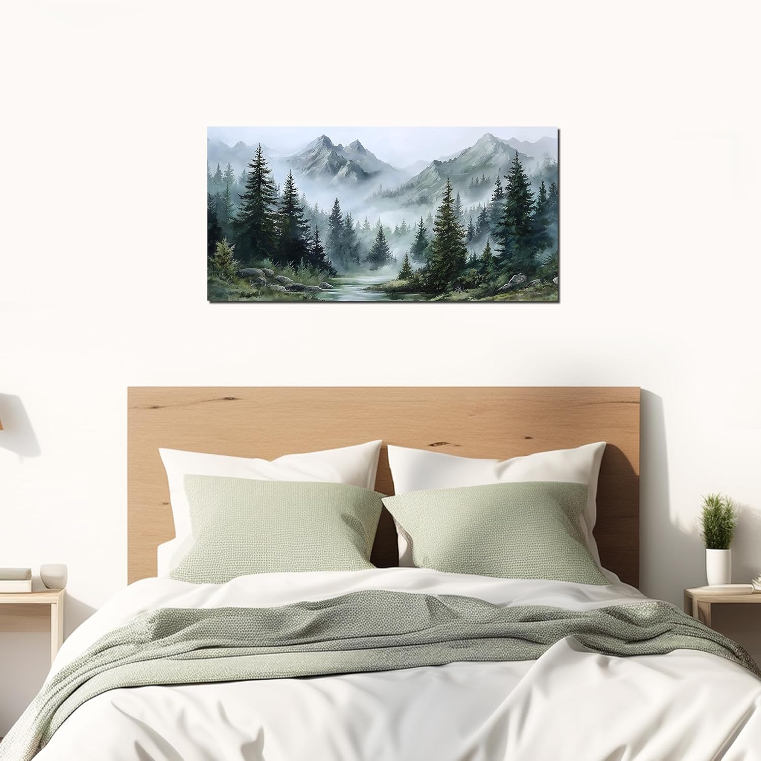 Tarfupth Large Misty Forest Wall Art for Living Room Green Nature Mountain Landscape Canvas Artwork with Trees and River Nature Art for Bedroom Office Home Decor 20x40 Inch