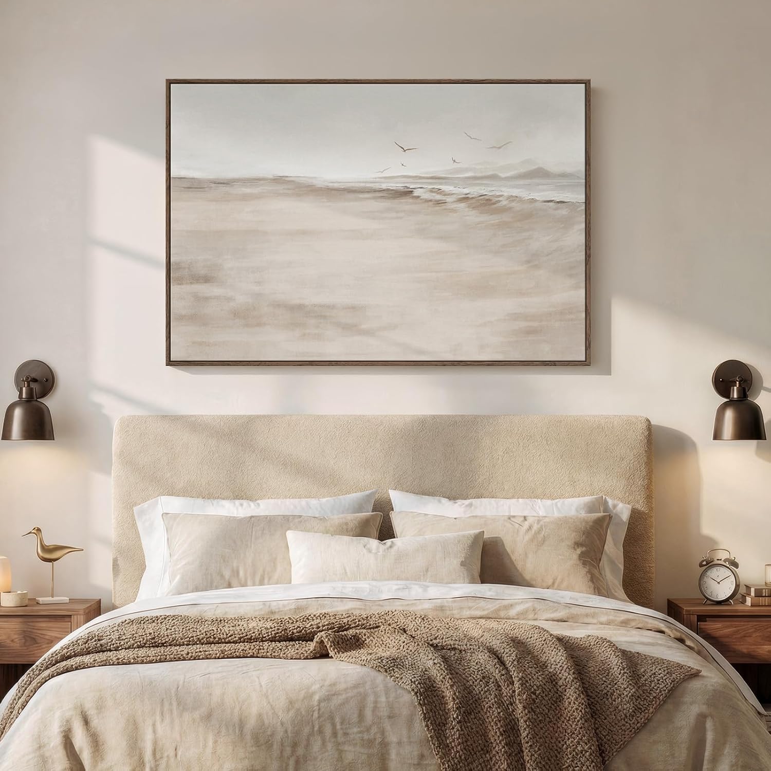 Framed Neutral Coastal Beach Canvas Wall Art, Abstract Landscape Canvas Prints Paintings for Walls, Large Beige Minimalist Pictures Wall Decor for Bedroom Dining Room Bathroom Living Room 24x36 In