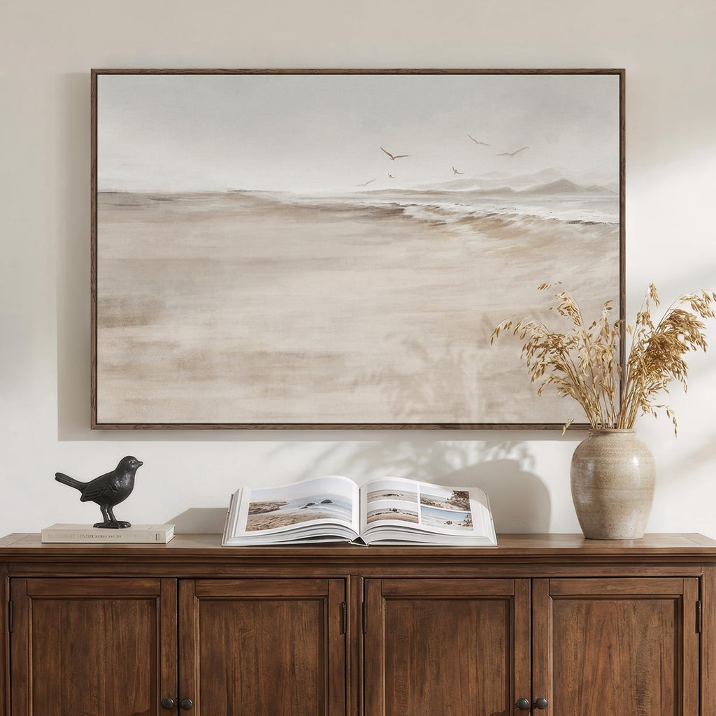Framed Neutral Coastal Beach Canvas Wall Art, Abstract Landscape Canvas Prints Paintings for Walls, Large Beige Minimalist Pictures Wall Decor for Bedroom Dining Room Bathroom Living Room 24x36 In