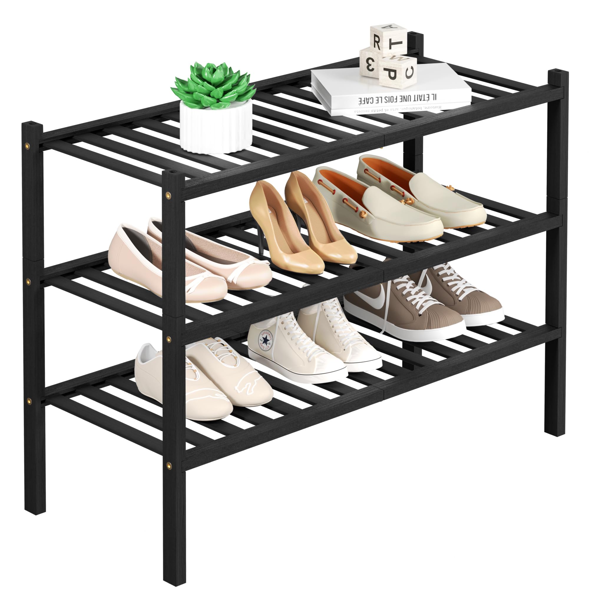 ROMGUAR CRAFT 3 Tier Bamboo Shoe Rack for Closet Free Standing Wood Shoe Shelf Storage Organizer for Entryway Small Space Stackable 27"x11"x20" (Natural)