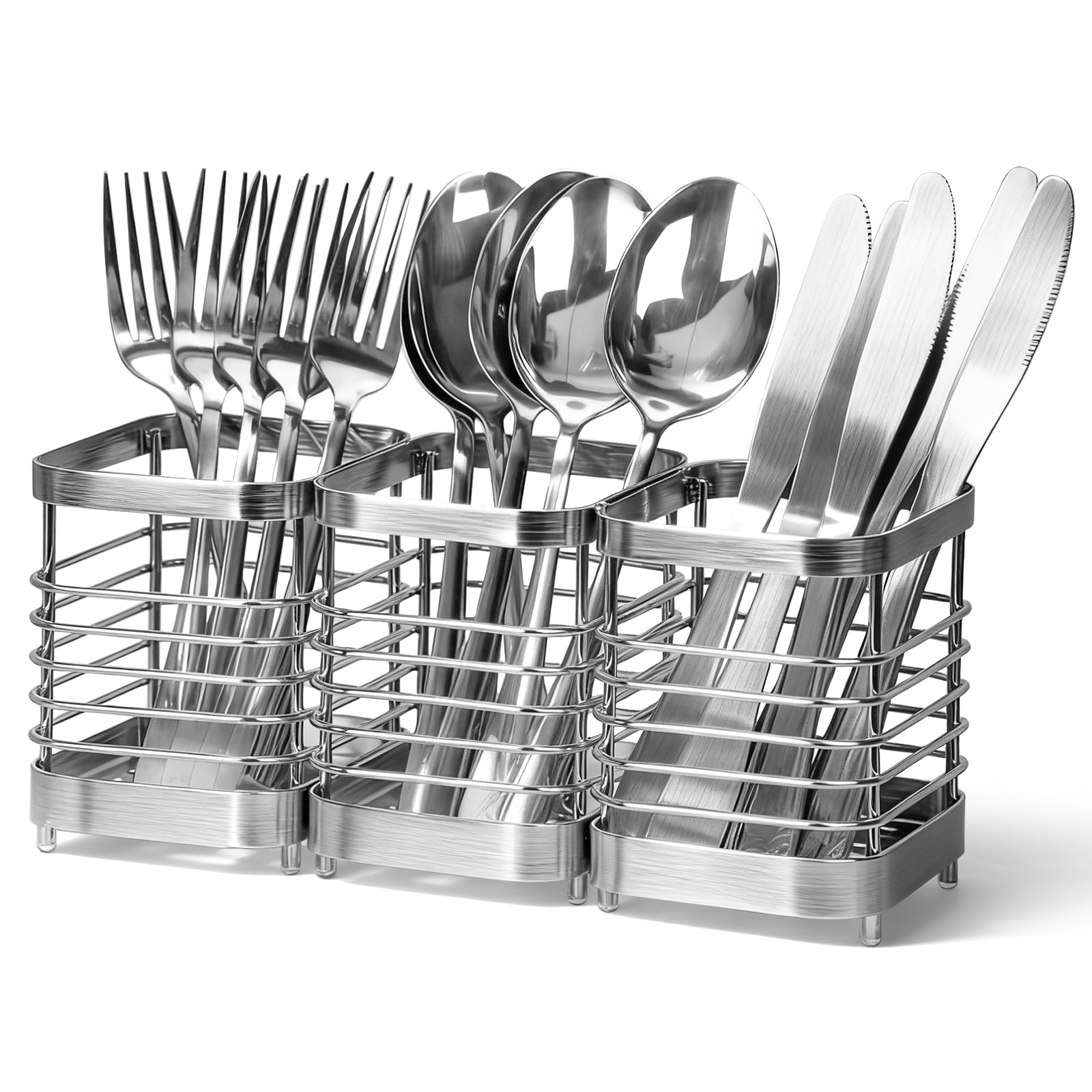 Utensil Holder, Stainless Steel Utensil Drying Rack for Kitchen Counter, Silverware Cutlery Flatware Holder Forks, Knives, Spoons, Chopsticks Organizer (Silver)