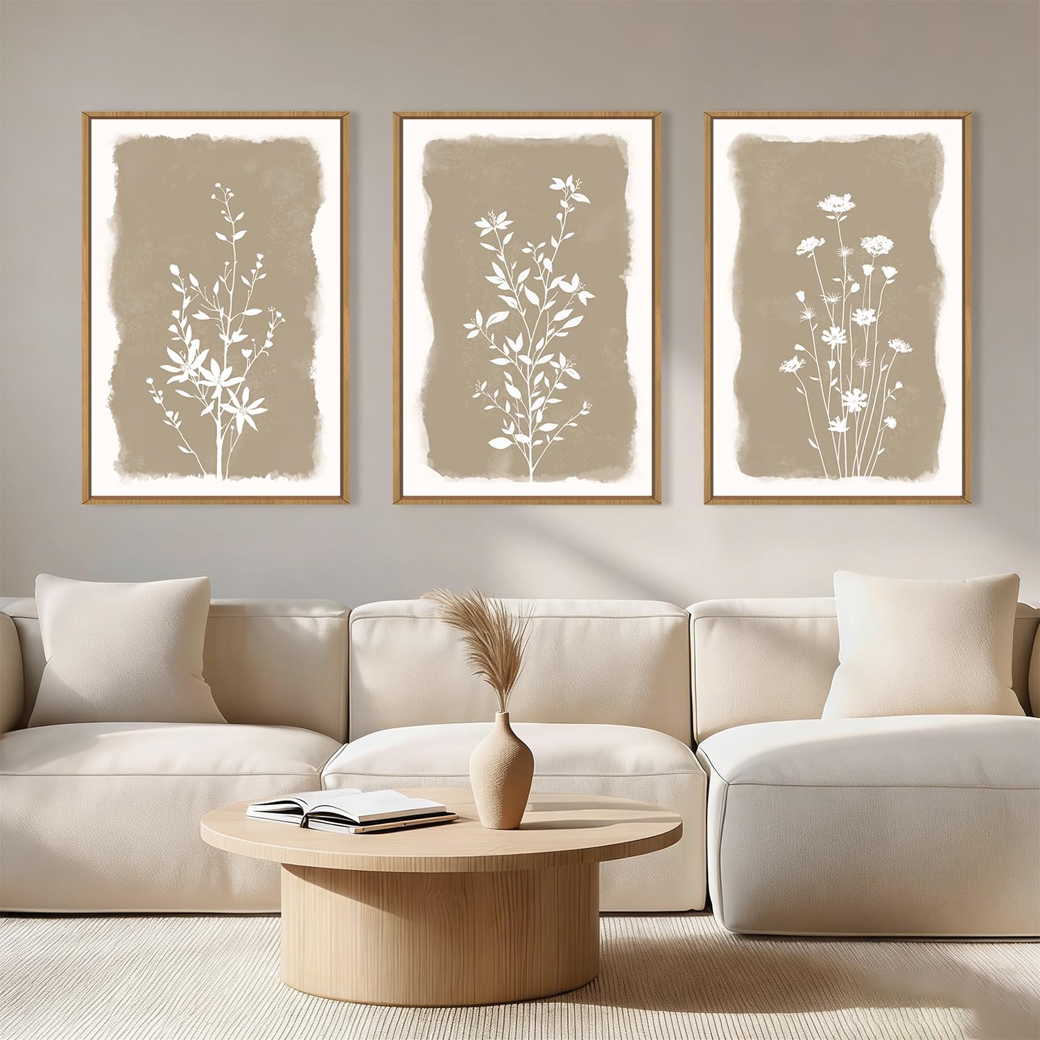 Abstract Natural Landscape Framed Canvas Wall Art Set, Watercolor Tan Green Beige Wall Decor, Minimalist Neutral Modern Scenery Artwork for Living Room, Bedroom,Farmhouse- 40"x20"x1