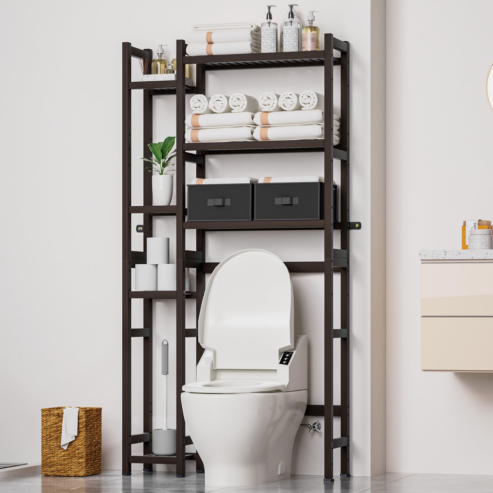 Homde Over The Toilet Storage with Basket and Drawer, Bamboo Bathroom Organizer with Adjustable Shelf & Waterproof Feet Pad, Space Saver Rack for Restroom, Laundry,Natural
