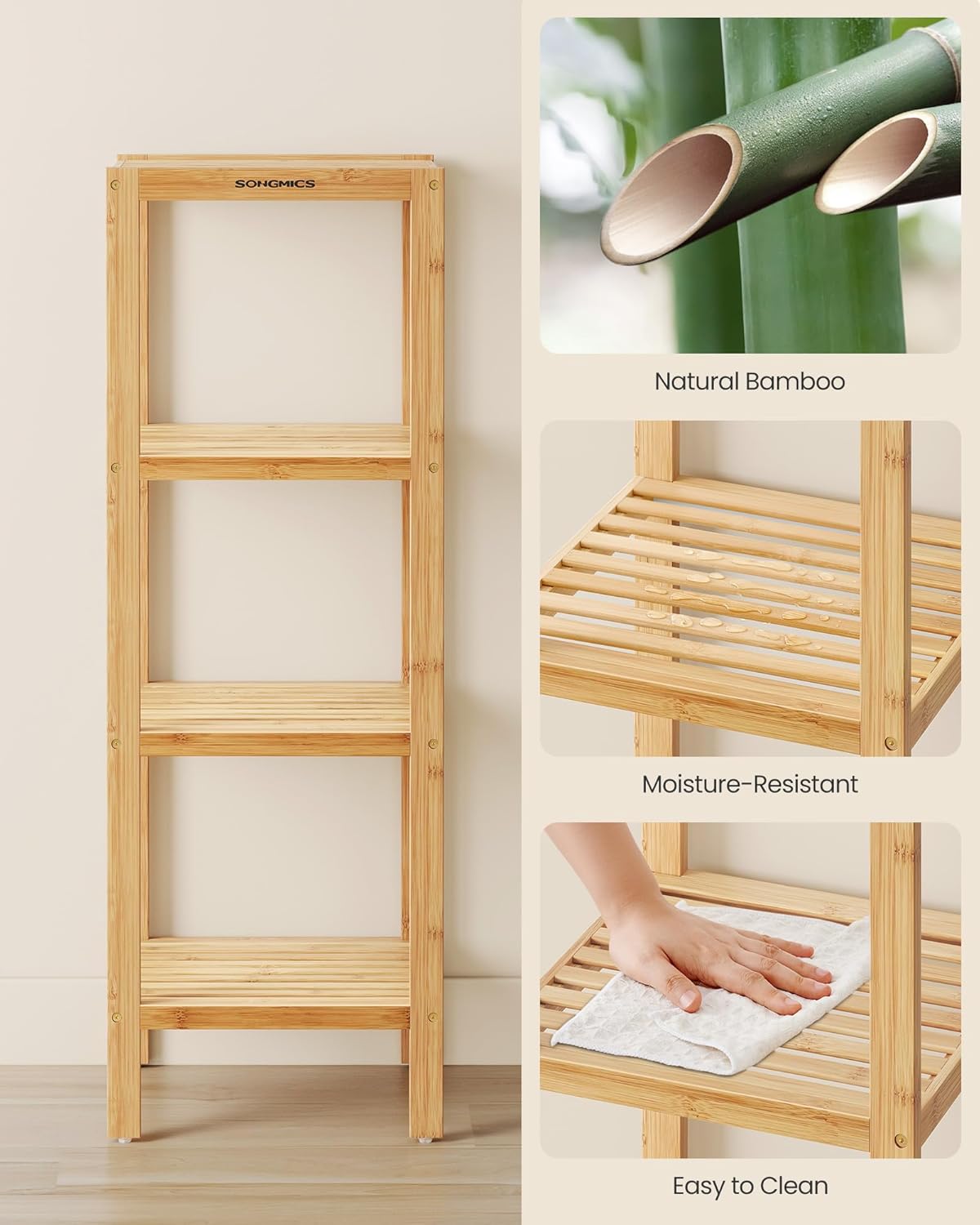 SONGMICS 4-Tier Bamboo Shelf, Narrow Bathroom Shelf, Standing Towel Rack, Corner Rack, for Kitchen, Living Room, Bedroom, Entryway, Bathroom, Natural UBCB54Y