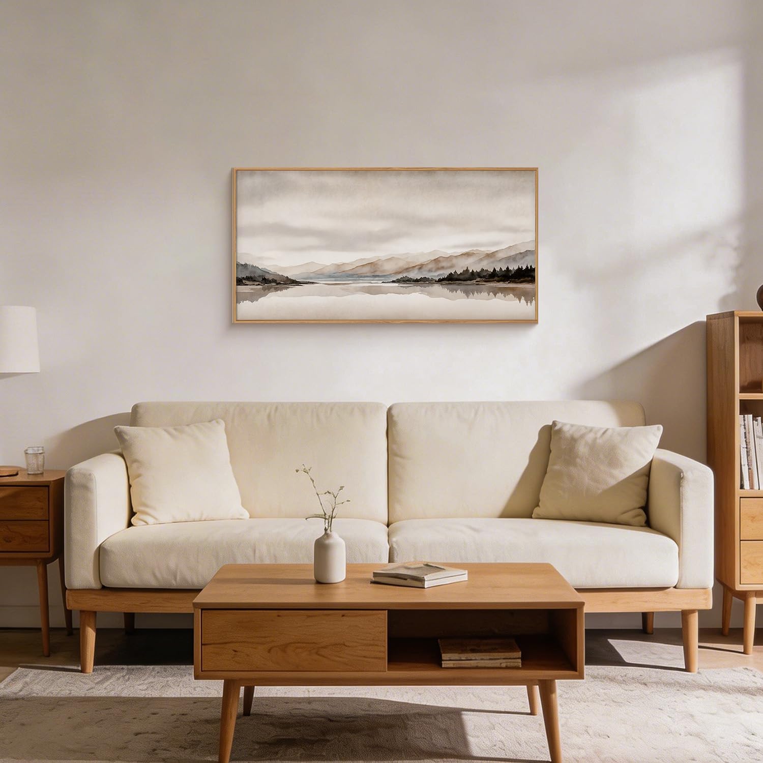 LHIUEM Abstract Mountain Brown Framed Canvas Wall Art,Neutral Watercolor Landscape Wall Decor,Minimalist Grey Beige Lake Artwork for Living Room,Bedroom,Dining Room,Office -20"x40"x1