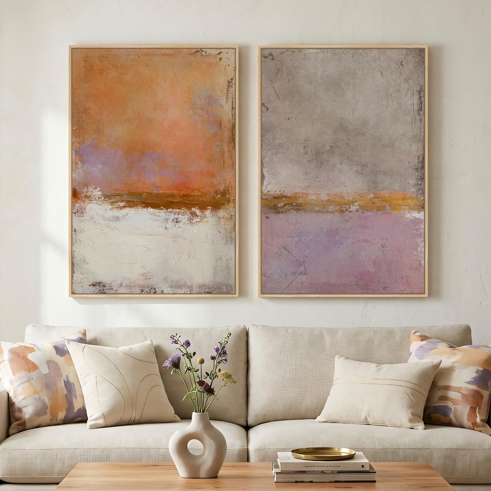 Framed Sage Green Abstract Wall Art for Living Room, Large Set of 2 Abstract Landscape Canvas Artwork for Walls, Minimalist Painting Print for Bedroom Dining Room Office Hallway Wall Decor, 24x36 Inch