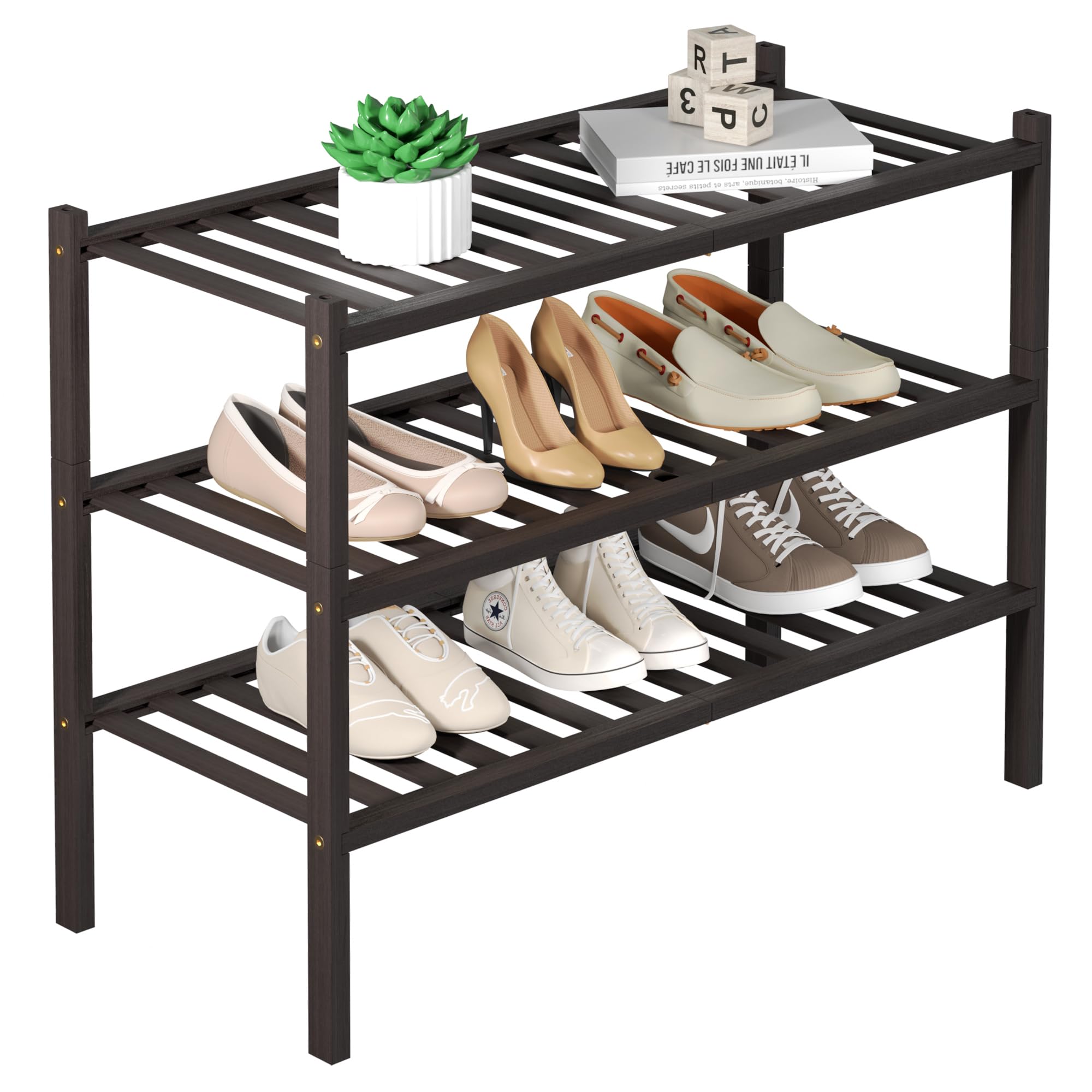 ROMGUAR CRAFT 3 Tier Bamboo Shoe Rack for Closet Free Standing Wood Shoe Shelf Storage Organizer for Entryway Small Space Stackable 27"x11"x20" (Natural)