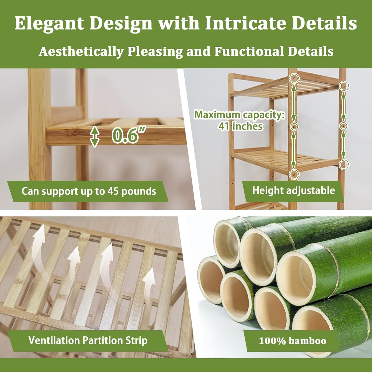 Bamboo Bathroom Shelf Organizer, 4 Tier Wooden Bathroom Rack with Adjustable Shelves, Free Standing Shelving Unit Open Bookcase Plant Shelf Indoor, 39" Storage Shelves for Kitchen Living Room