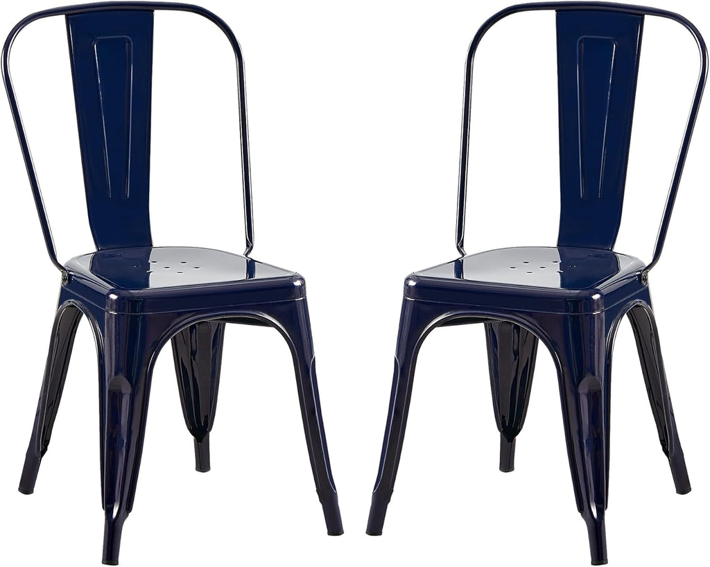 AC Pacific 18 Inch Seat Height Industrial Metal Dining Chairs, Stackable Kitchen or Bar Seat, Durable Modern Design, Versatile Accent Furniture, Set of 2, Dark Blue