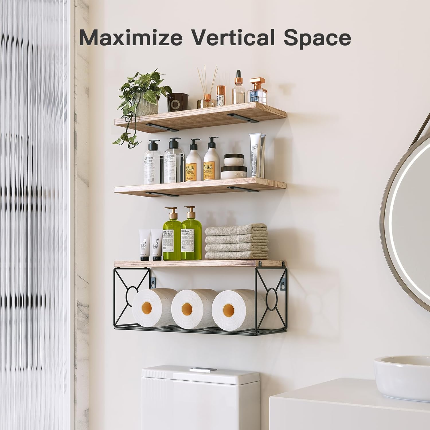 Amada Bathroom Shelves Over Toilet with Storage Basket, Floating Wall Shelf for Home Organization & Wall Decor, Bathroom/Kitchen/Living Room Shelves–Natural Wood