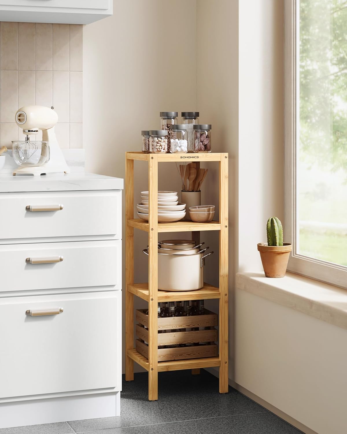 SONGMICS 4-Tier Bamboo Shelf, Narrow Bathroom Shelf, Standing Towel Rack, Corner Rack, for Kitchen, Living Room, Bedroom, Entryway, Bathroom, Natural UBCB54Y