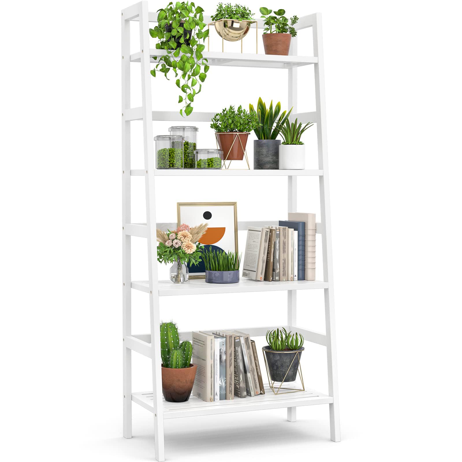 Homykic Ladder Shelf, 4-Tier Bamboo Ladder Bookshelf Small Bookcase, 49” Tall Open Display Shelves Wood Plant Stand Storage Rack for Living Room, Bathroom, Bedroom, Home Office