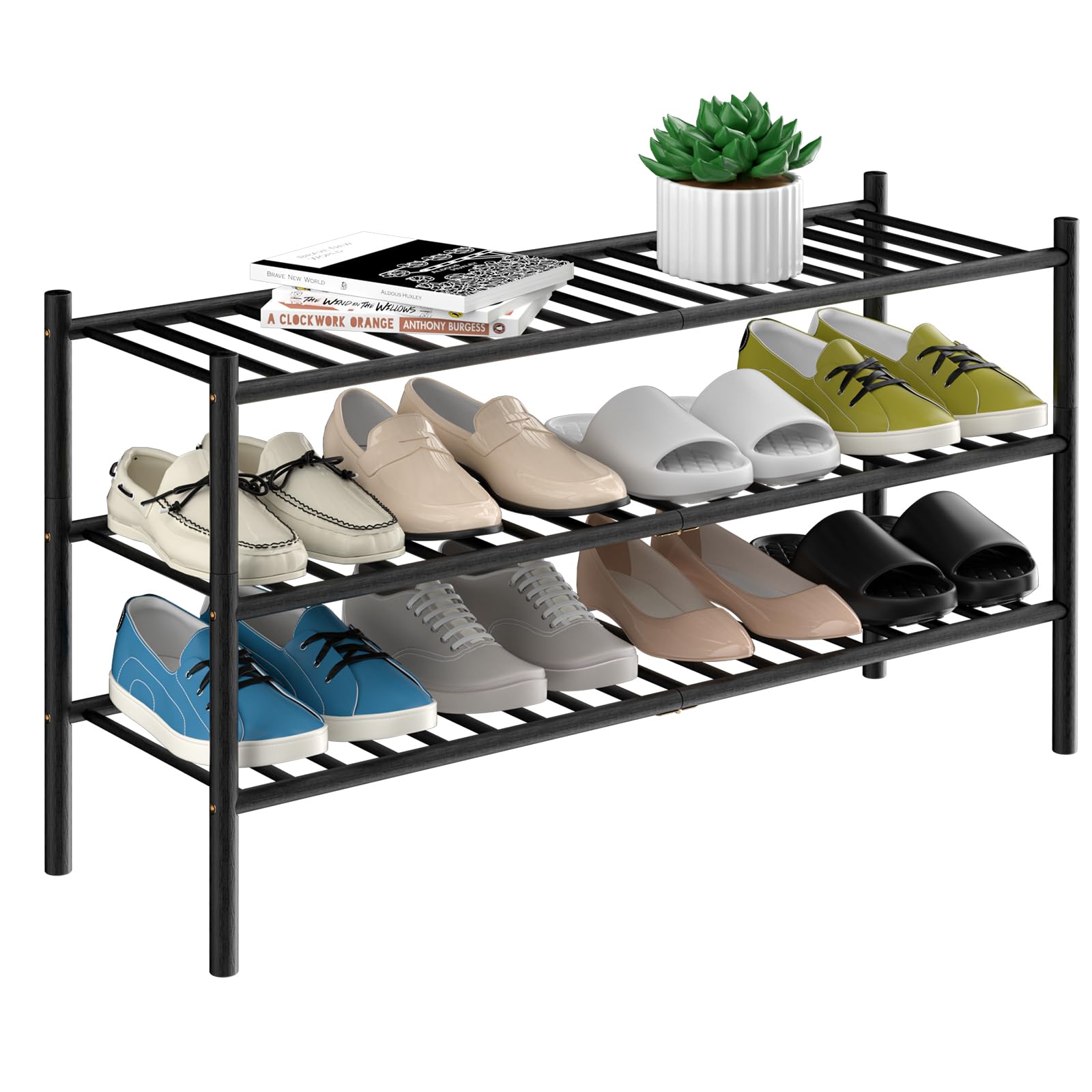 ROMGUAR CRAFT 3 Tier Bamboo Shoe Rack for Closet Free Standing Wood Shoe Shelf Storage Organizer for Entryway Small Space Stackable 27"x11"x20" (Natural)