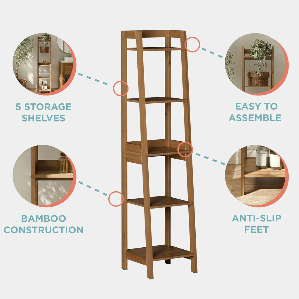Zenna Home Bamboo Linen Tower with 5 Shelves, A-Frame Shelving Unit for Bathroom, Laundry and Other Household Storage, Natural Finish