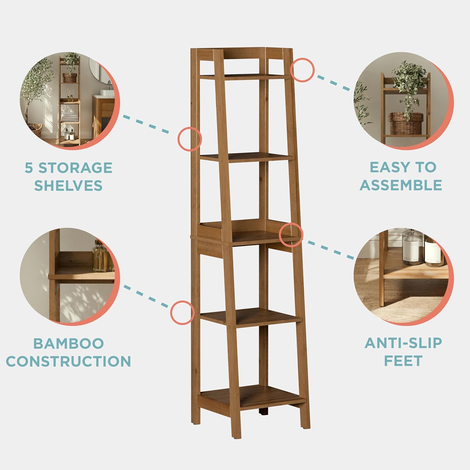 Zenna Home Bamboo Linen Tower with 5 Shelves, A-Frame Shelving Unit for Bathroom, Laundry and Other Household Storage, Natural Finish