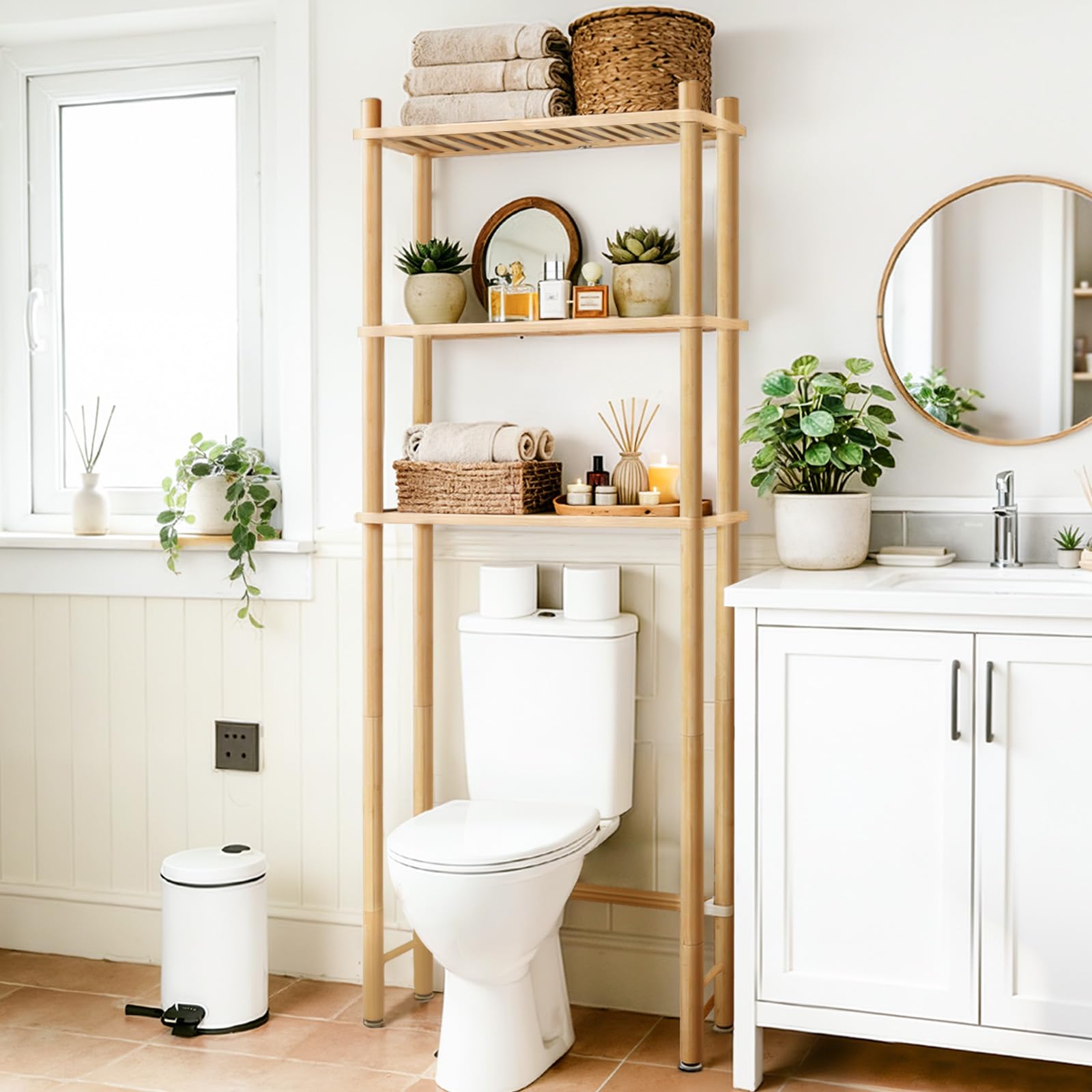 WANGMUXIA 2-Tier Bamboo Over the Toilet Storage Shelf, Bathroom Organizer Shelf with Wall Anchor, 50% Thicker Heavy-Duty Structural Design,Freestanding Space Saving Organizer for Bathroom