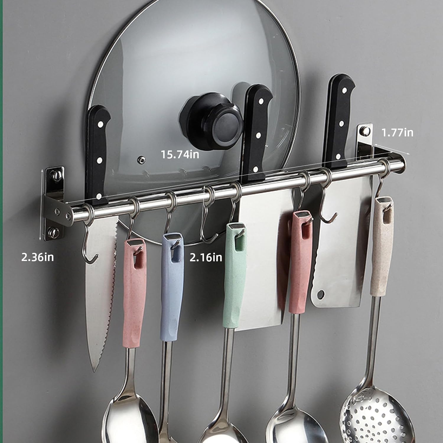 ASkinds Utensil Hanging Rack Stainless Steel Rail Hanger Rod Wall Mounted Pot Pan Lid Holder Cookware Storage Organizer with Sliding Hooks for Kitchen Bathroom