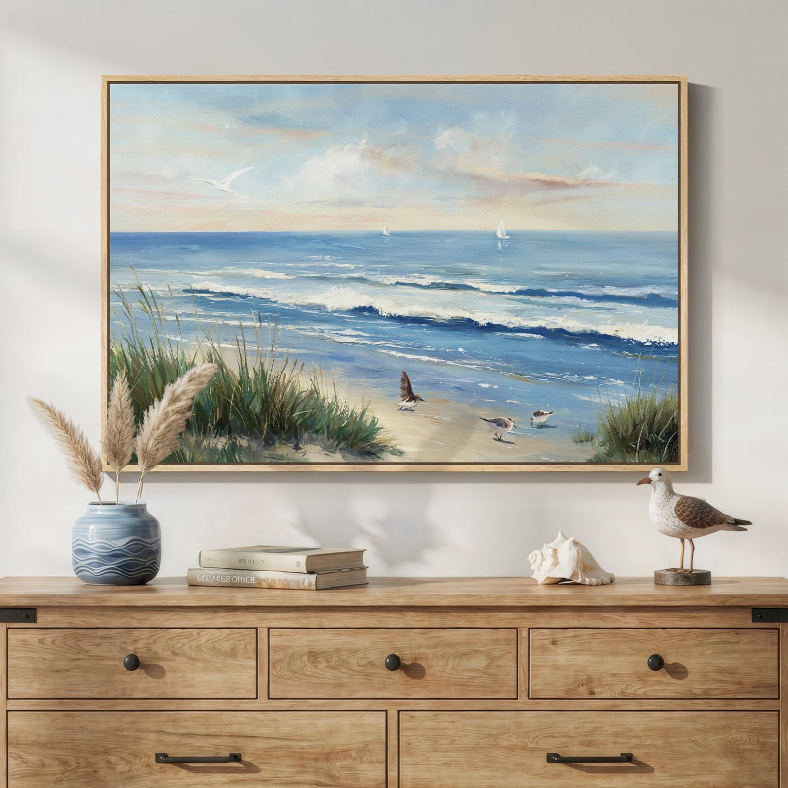 Framed Neutral Coastal Beach Canvas Wall Art, Abstract Landscape Canvas Prints Paintings for Walls, Large Beige Minimalist Pictures Wall Decor for Bedroom Dining Room Bathroom Living Room 24x36 In