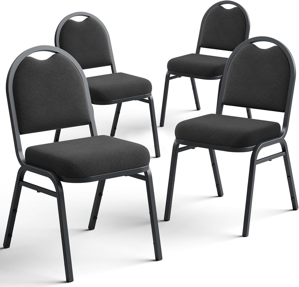 Stackable Banquet Dining Chairs 4 Pack, Upholstered Crown Back Event Chairs with Black Fabric Seat, Heavy Duty Steel Frame, 300 lb Capacity, No Assembly, for Restaurant Wedding Conference