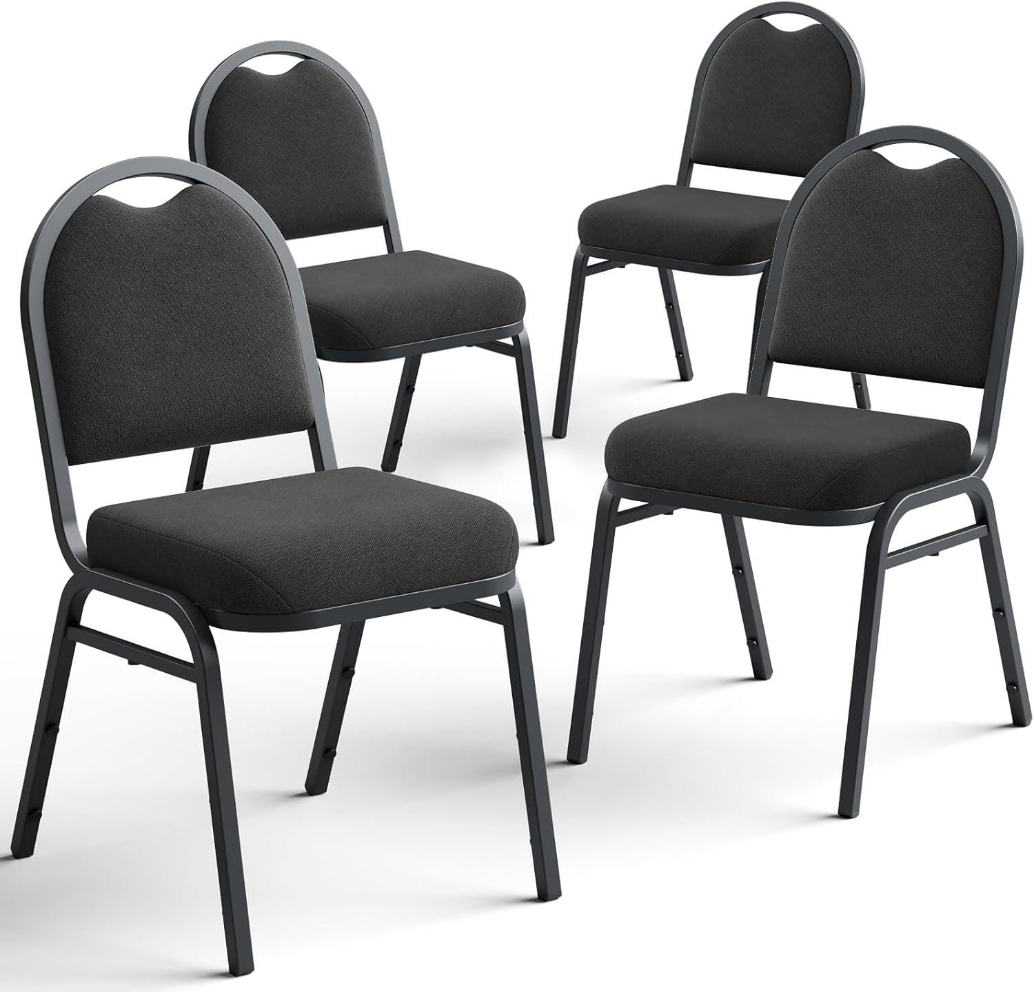 Stackable Banquet Dining Chairs 4 Pack, Upholstered Crown Back Event Chairs with Black Fabric Seat, Heavy Duty Steel Frame, 300 lb Capacity, No Assembly, for Restaurant Wedding Conference