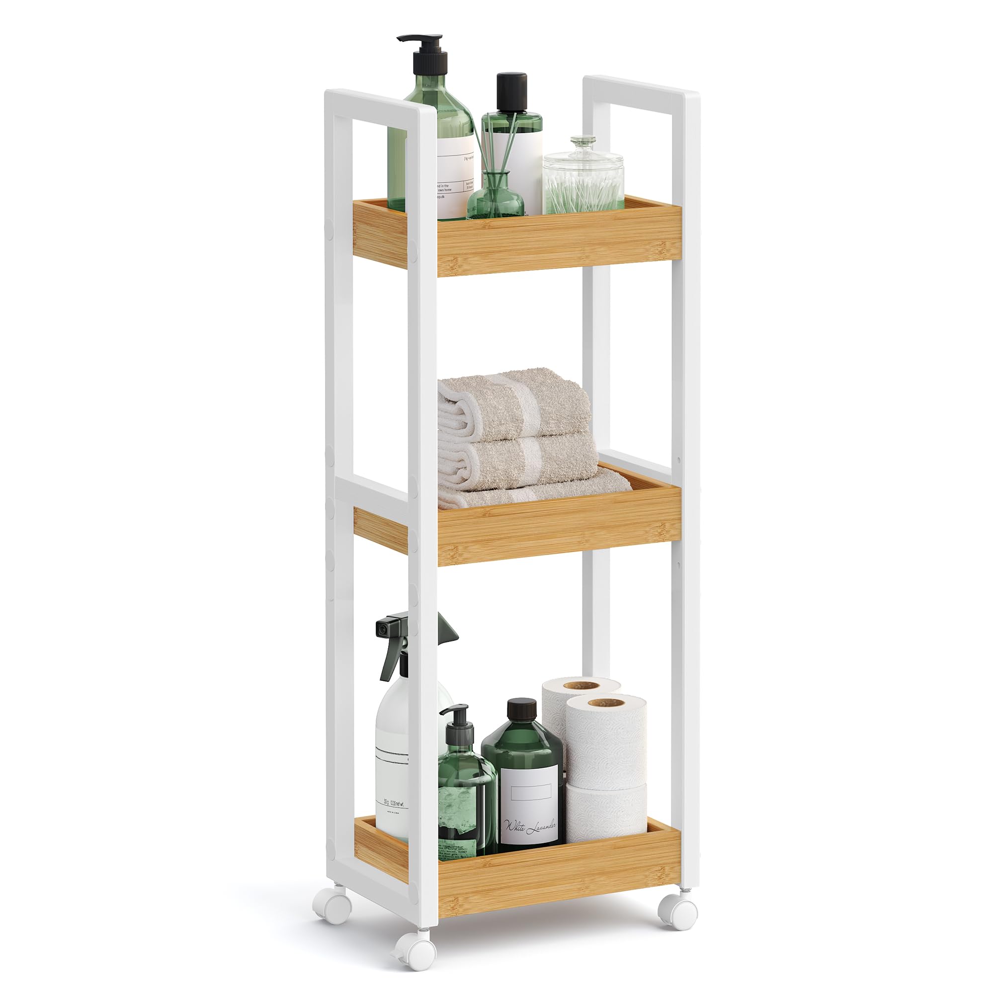 SONGMICS Bamboo Bathroom Storage Floor Cabinet, 4 Tiers Multifunctional Floor Shelving Unit, Free Standing Tower Corner Rack, Natural UBCB50Y