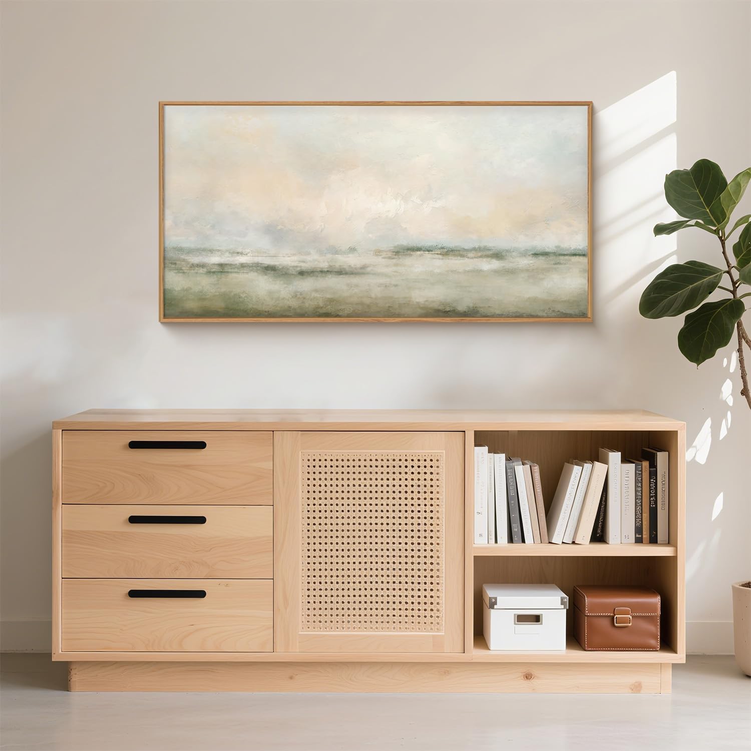 Abstract Natural Landscape Framed Canvas Wall Art Set, Watercolor Tan Green Beige Wall Decor, Minimalist Neutral Modern Scenery Artwork for Living Room, Bedroom,Farmhouse- 40"x20"x1