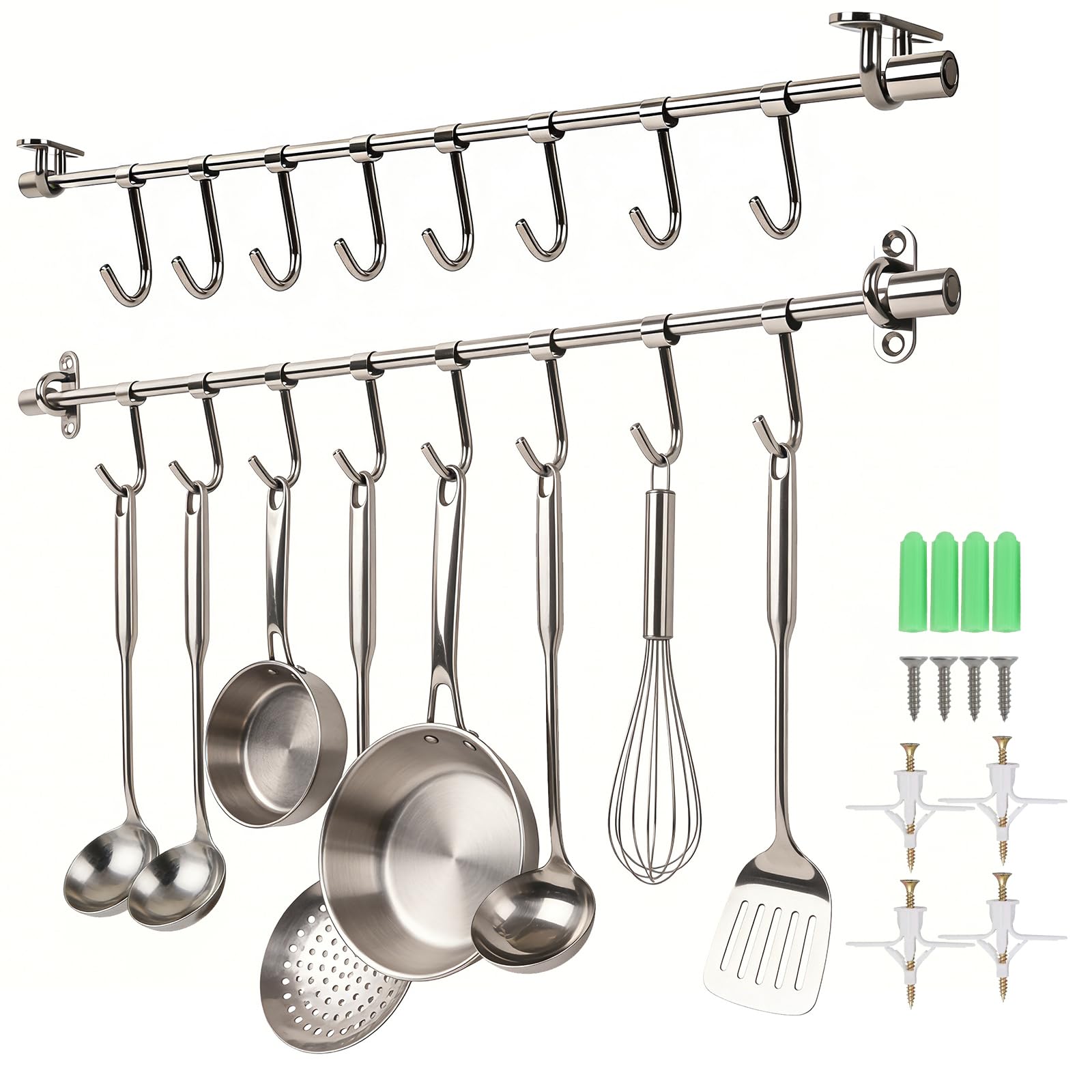 20" Kitchen Utensil Rack with Adjustable Holes - 8 Sliding Hooks 304 Stainless Steel, Pots and Pans Hanging Rack Wall Mounted 2 Packs