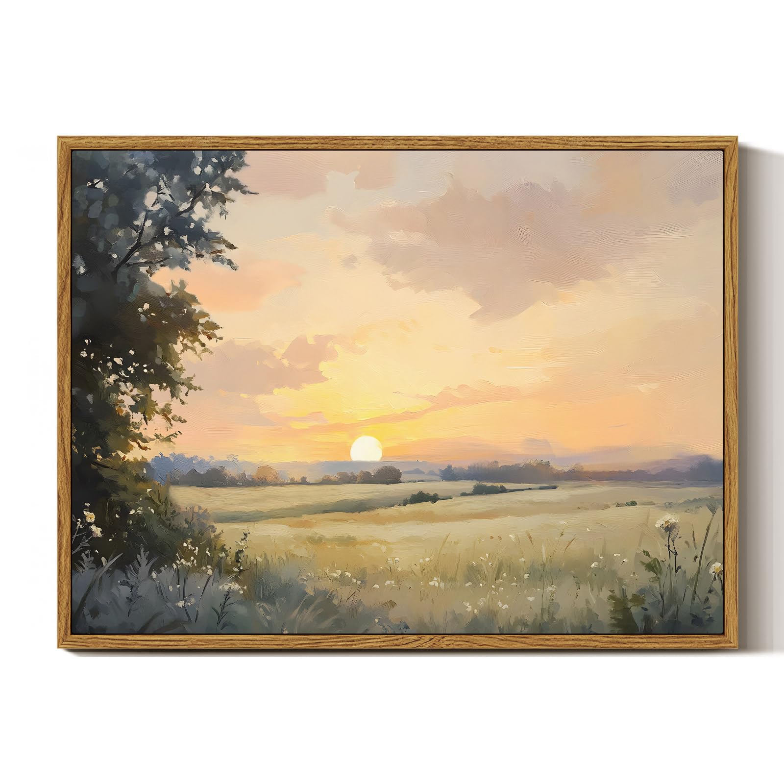 InSimSea Framed Canvas Wall Art Vintage Decor, Landscape Wall Art, Meadow with Flowers Art, Modern Farmhouse Decor, Cottagecore Bedroom Bathroom Office Decorations, 24"x36"