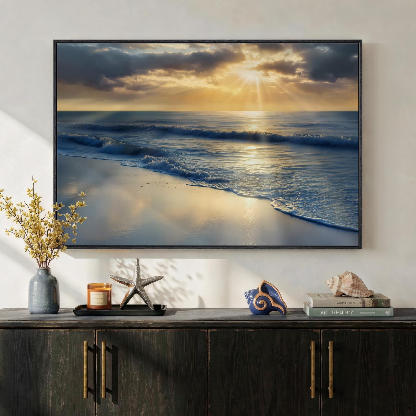 Framed Neutral Coastal Beach Canvas Wall Art, Abstract Landscape Canvas Prints Paintings for Walls, Large Beige Minimalist Pictures Wall Decor for Bedroom Dining Room Bathroom Living Room 24x36 In