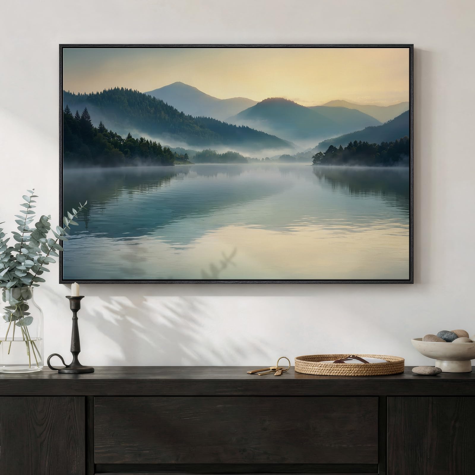 Framed Forest Landscape Wall Art, Horizontal Nature Sunset Canvas Artwork for Walls, Wilderness Scenery Photography Picture, Green Peaceful Print for Living Room Hallway Office Wall Decor, 24x36 Inch