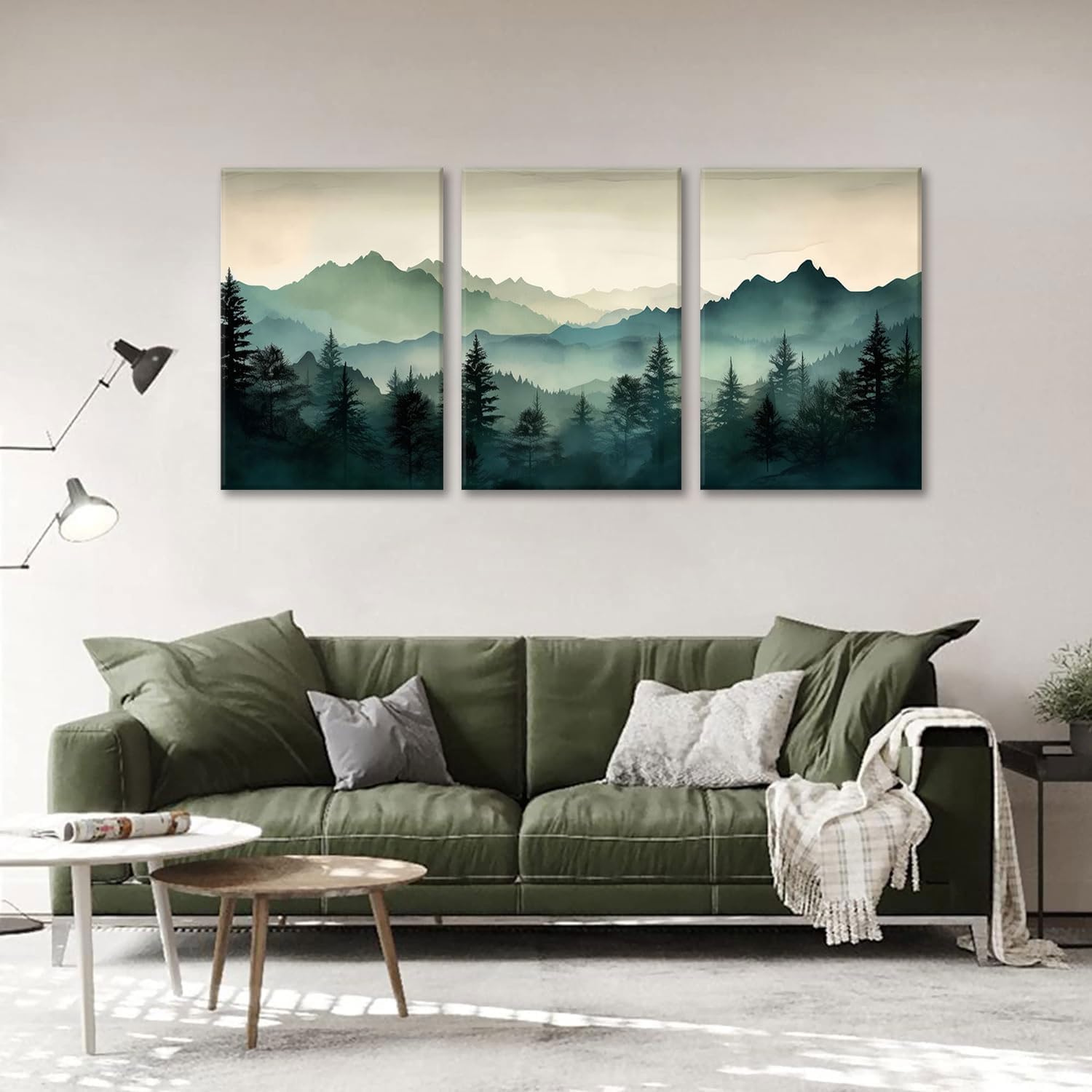 okudolit Framed Mountain Wall Art Set of 3 Sage Green Forest Canvas Prints Nature Landscape Watercolor Pictures Wall Decor Modern Painting for Living Room Bedroom Office 12x16in