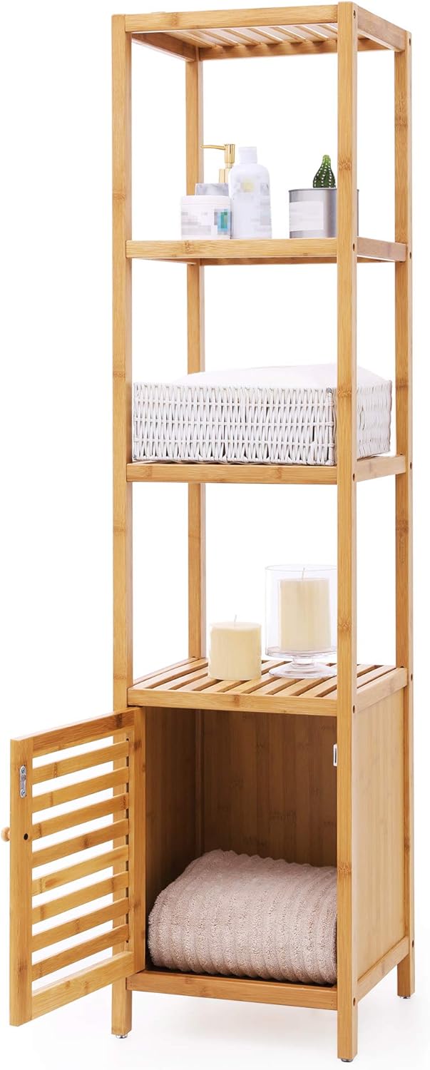 SONGMICS Bamboo Bathroom Storage Floor Cabinet, 4 Tiers Multifunctional Floor Shelving Unit, Free Standing Tower Corner Rack, Natural UBCB50Y