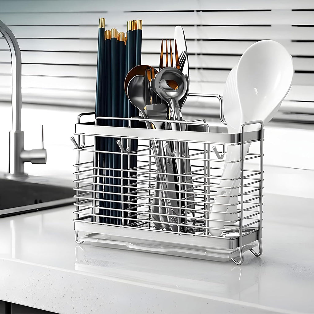 Utensil Holder, Stainless Steel Utensil Drying Rack with Drain Tray, Kitchen Counter Drainer Basket Silverware Cutlery Flatware Holder Forks, Knives, Spoons, Chopsticks Organizer (Silver)