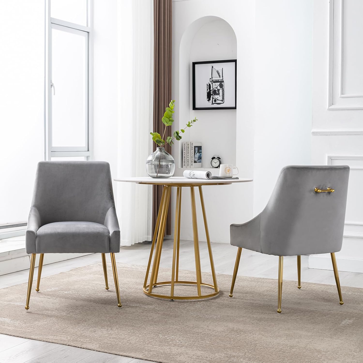 Modern Velvet Dining Chairs Set of 2, Contemporary Upholstered Furniture Collection with Polished Gold Metal Legs, Elegant Accent Chairs for Kitchen Living Room(Grey)