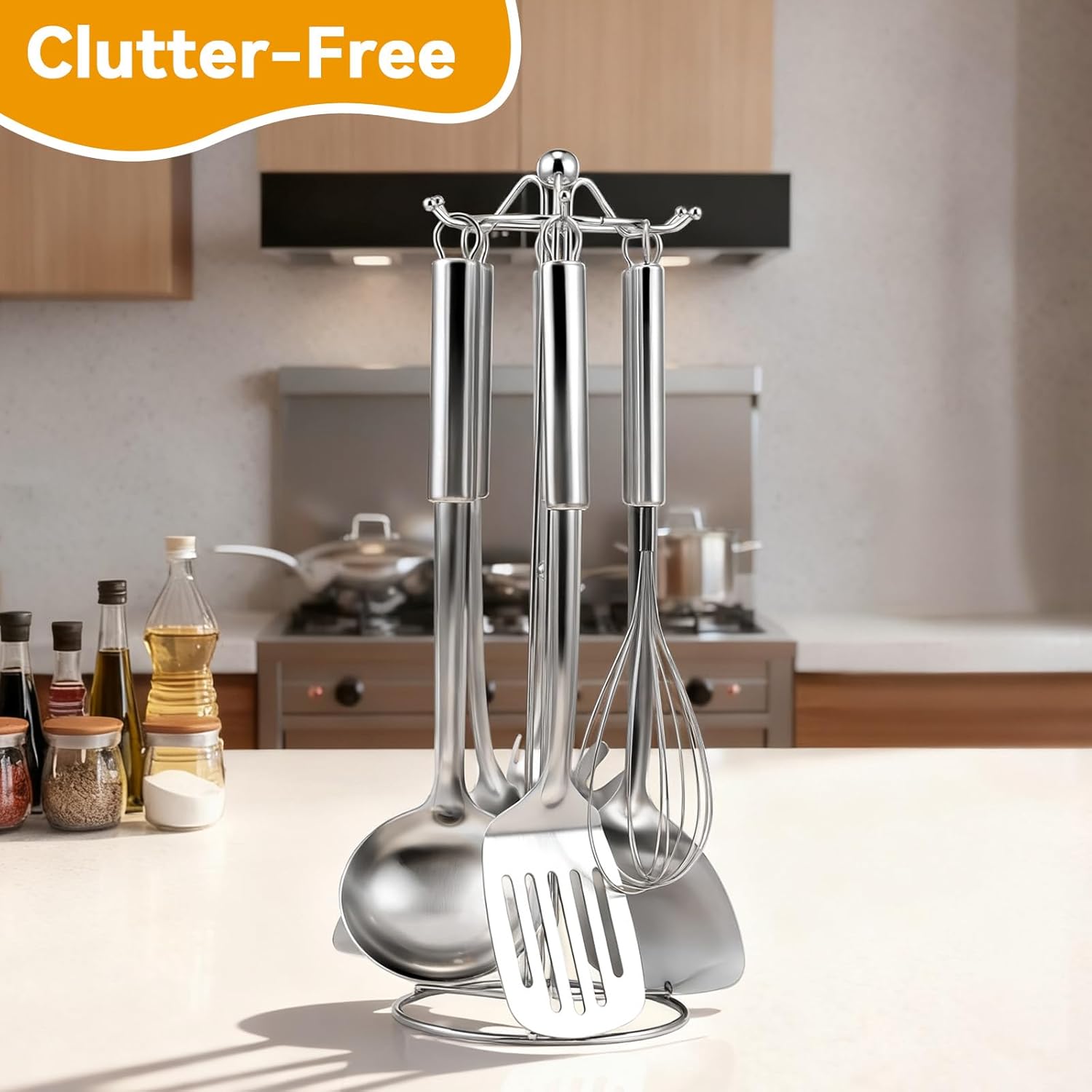 Stainless Steel Kitchen Cooking Utensils Set of 7 - Kitchen Utensils with Hanging Rack, Spatula, Slotted Turner, Soup Ladle, Slotted Spoon, Whisk, Pasta Server, Holder, Dishwasher Safe