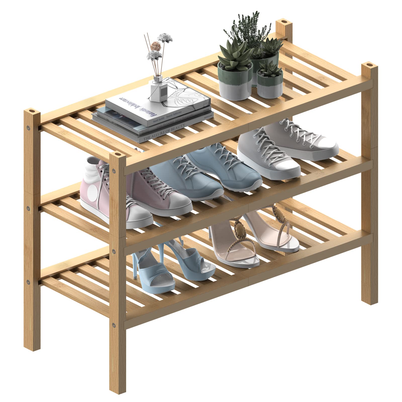 ROMGUAR CRAFT 3 Tier Bamboo Shoe Rack for Closet Free Standing Wood Shoe Shelf Storage Organizer for Entryway Small Space Stackable 27"x11"x20" (Natural)
