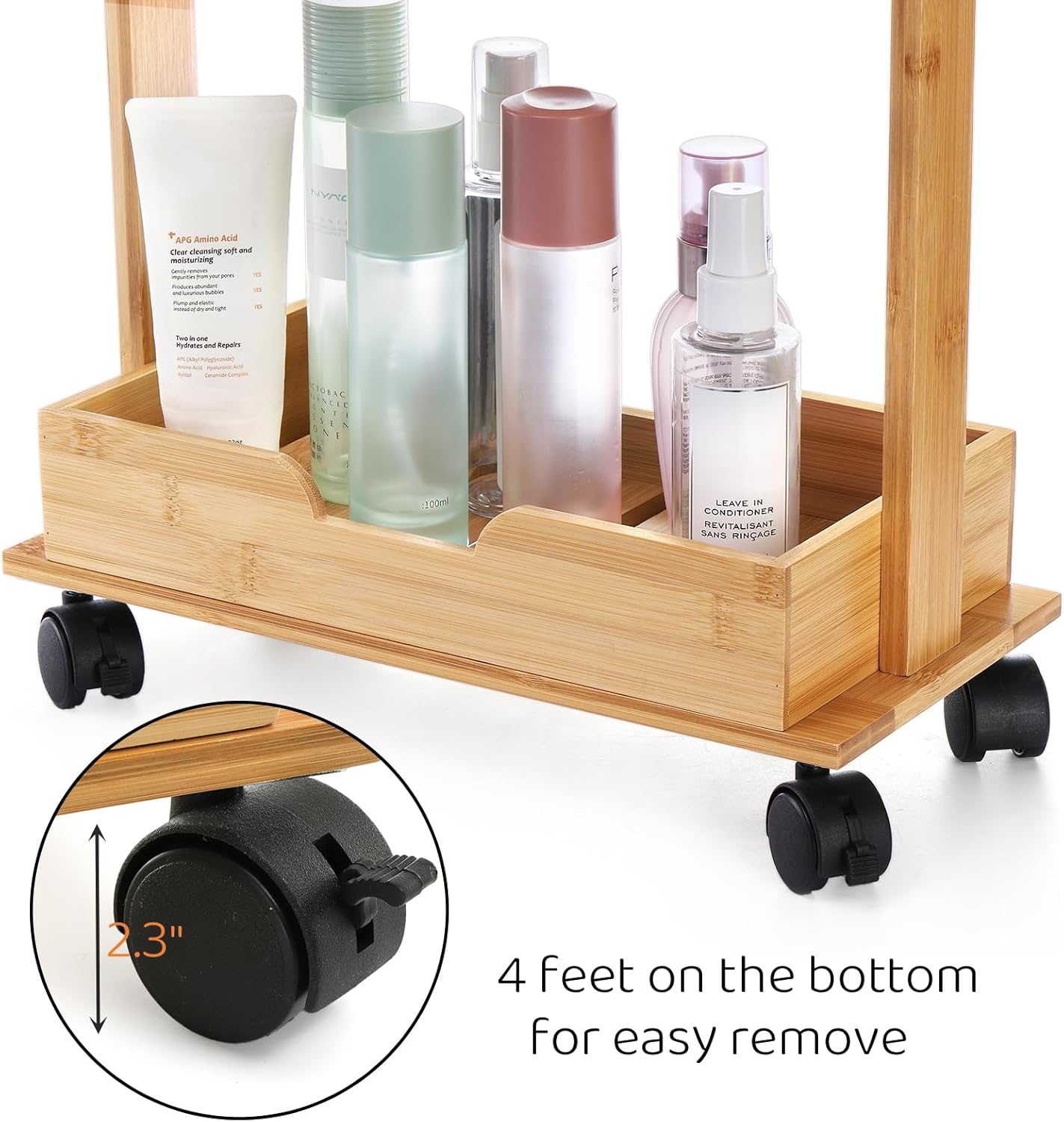 Lyellfe 3 Tire Shower Caddy Stand, Bamboo Shower Floor Organizer Corner with Sliding Wheels, Bathroom Caddy Shelf Rack for Bathtub, Office, Kitchen