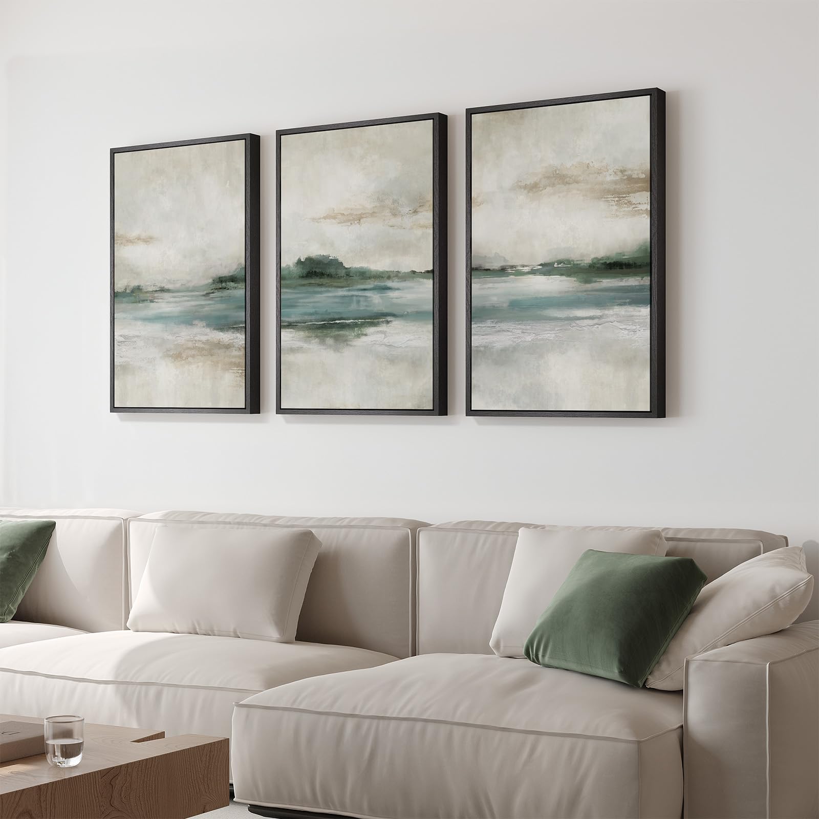 Large Framed Sage Green Abstract Landscape Wall Art for Living Room, 3 Piece Modern Canvas Prints Paintings Artwork for Walls, Nature Rustic Pictures Wall Decor for Bedroom Farmhouse Office 24x36 In