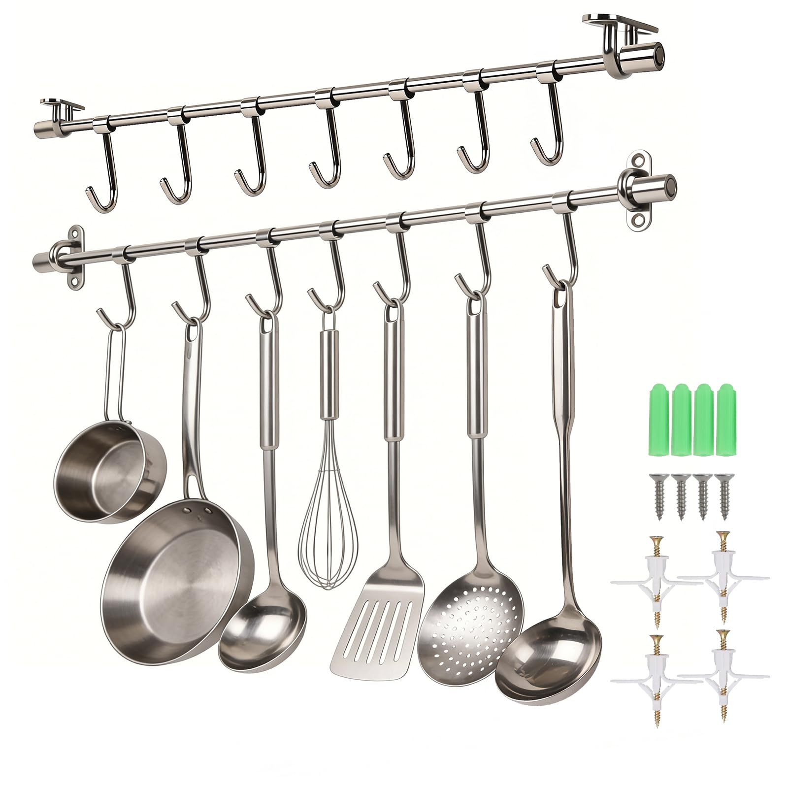 20" Kitchen Utensil Rack with Adjustable Holes - 8 Sliding Hooks 304 Stainless Steel, Pots and Pans Hanging Rack Wall Mounted 2 Packs