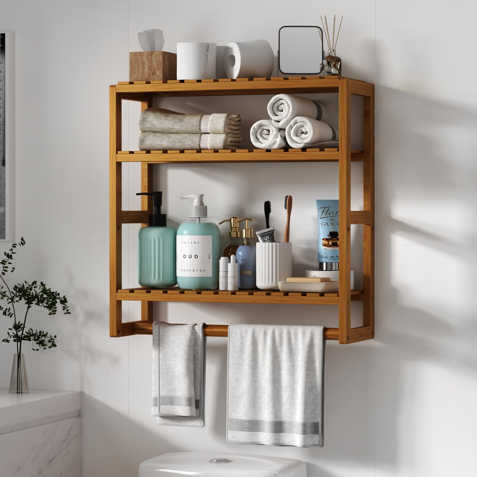 Galood Over The Toilet Storage Bathroom Shelves Wall Mounted 3 Tier Space Saver Corner Shelf Organizer Bamboo Towel Rack Toilet Paper Cabinet with Hanging Rod Yellow