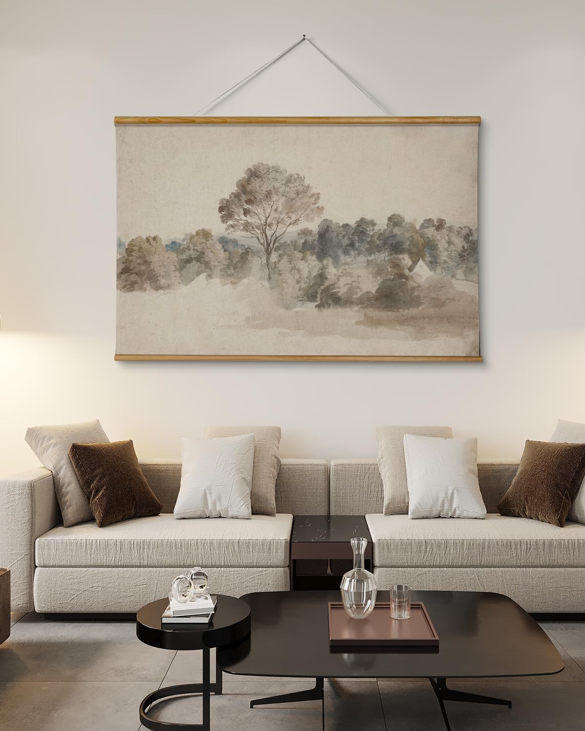 VIYYIEA Extra Large Size Canvas Wall Art, 36x54 Vintage Scroll Hanging Landscape Print, Rustic Watercolor Countryside Scene Wall Décor for Living Room, Bedroom, or Farmhouse