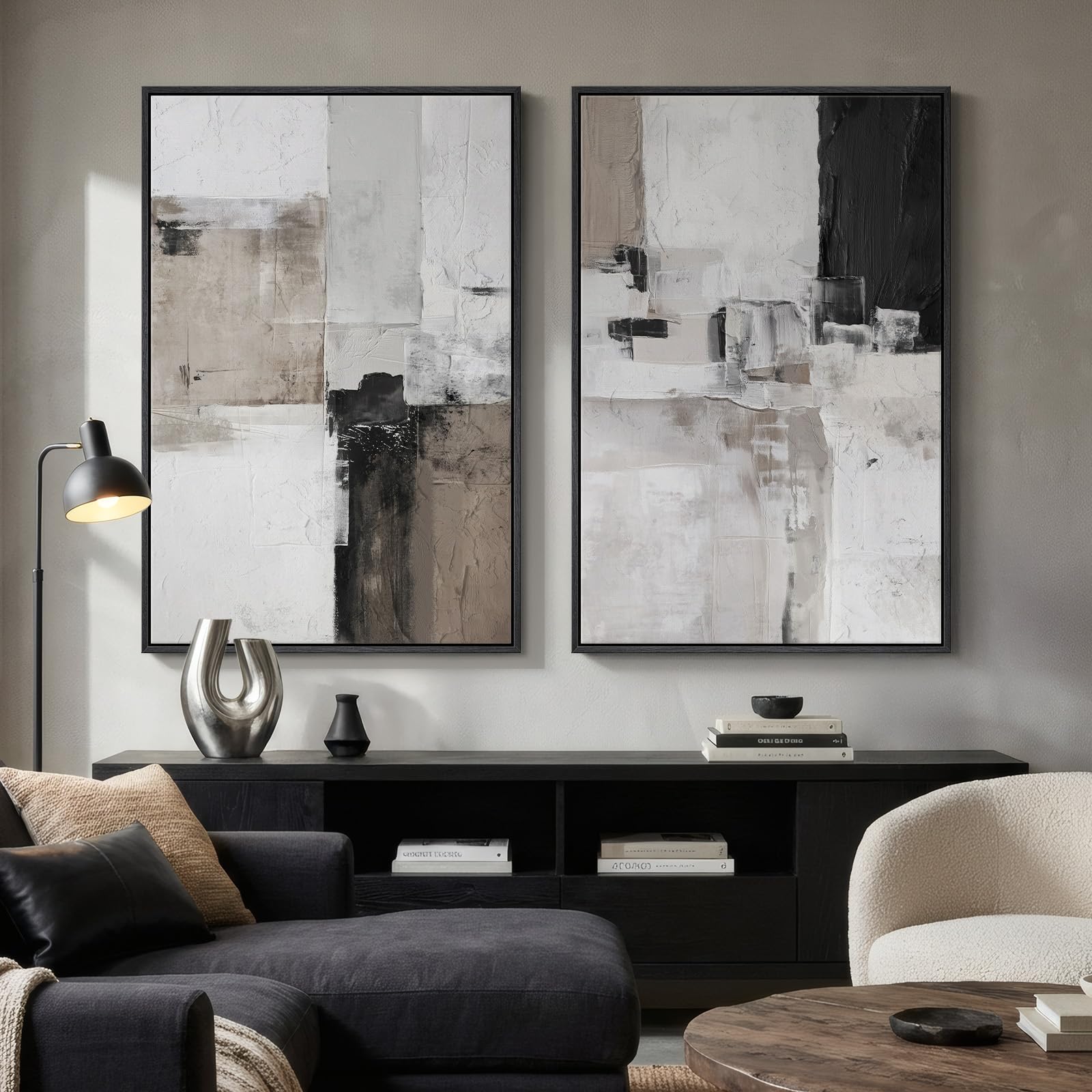 Framed Sage Green Abstract Wall Art for Living Room, Large Set of 2 Abstract Landscape Canvas Artwork for Walls, Minimalist Painting Print for Bedroom Dining Room Office Hallway Wall Decor, 24x36 Inch