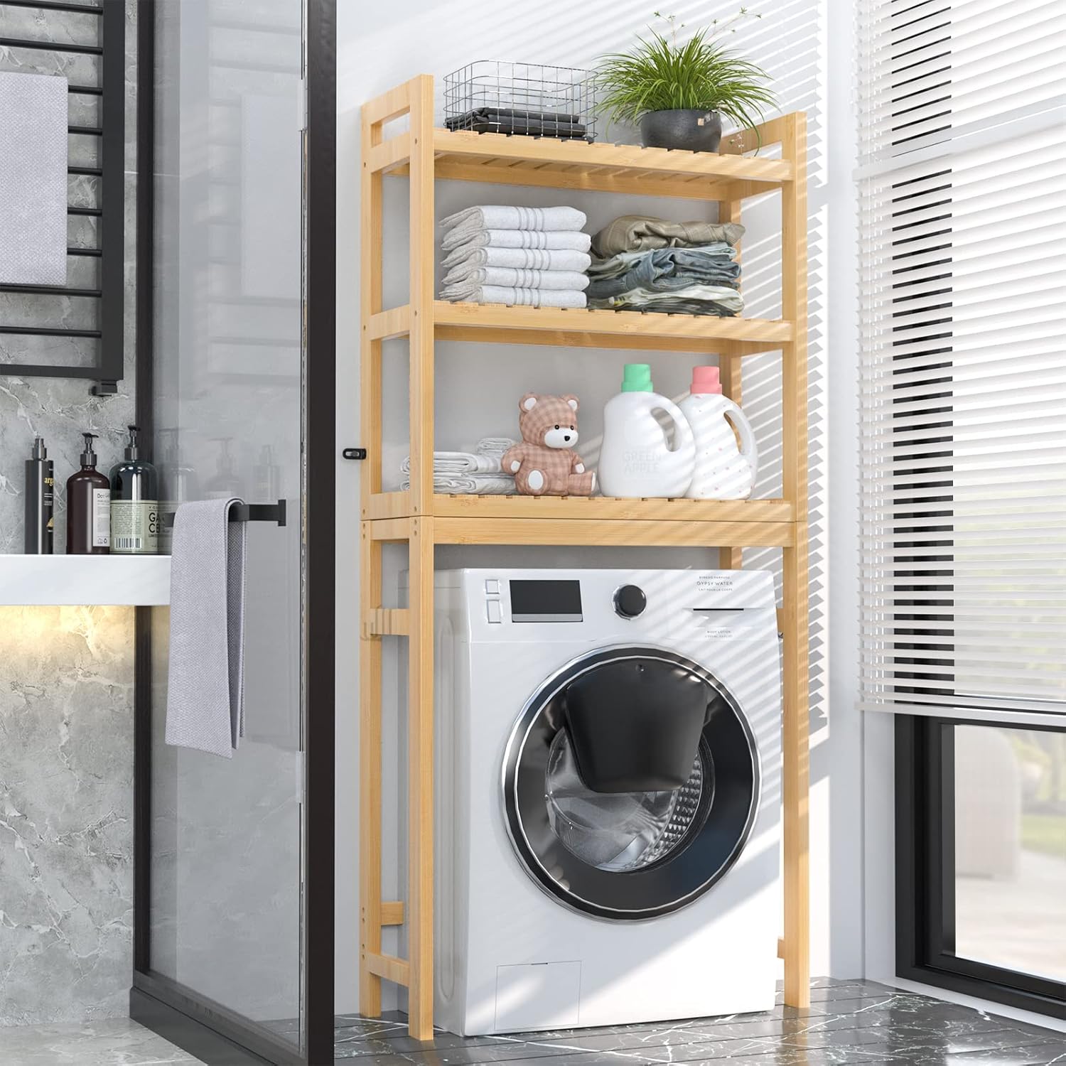 Homykic Over The Toilet Storage, 3-Tier Bamboo Bathroom Shelf with 3 Hooks, Above Toilet Organizer Rack Freestanding for Small Space, Restroom, Laundry, Easy Assembly, Natural