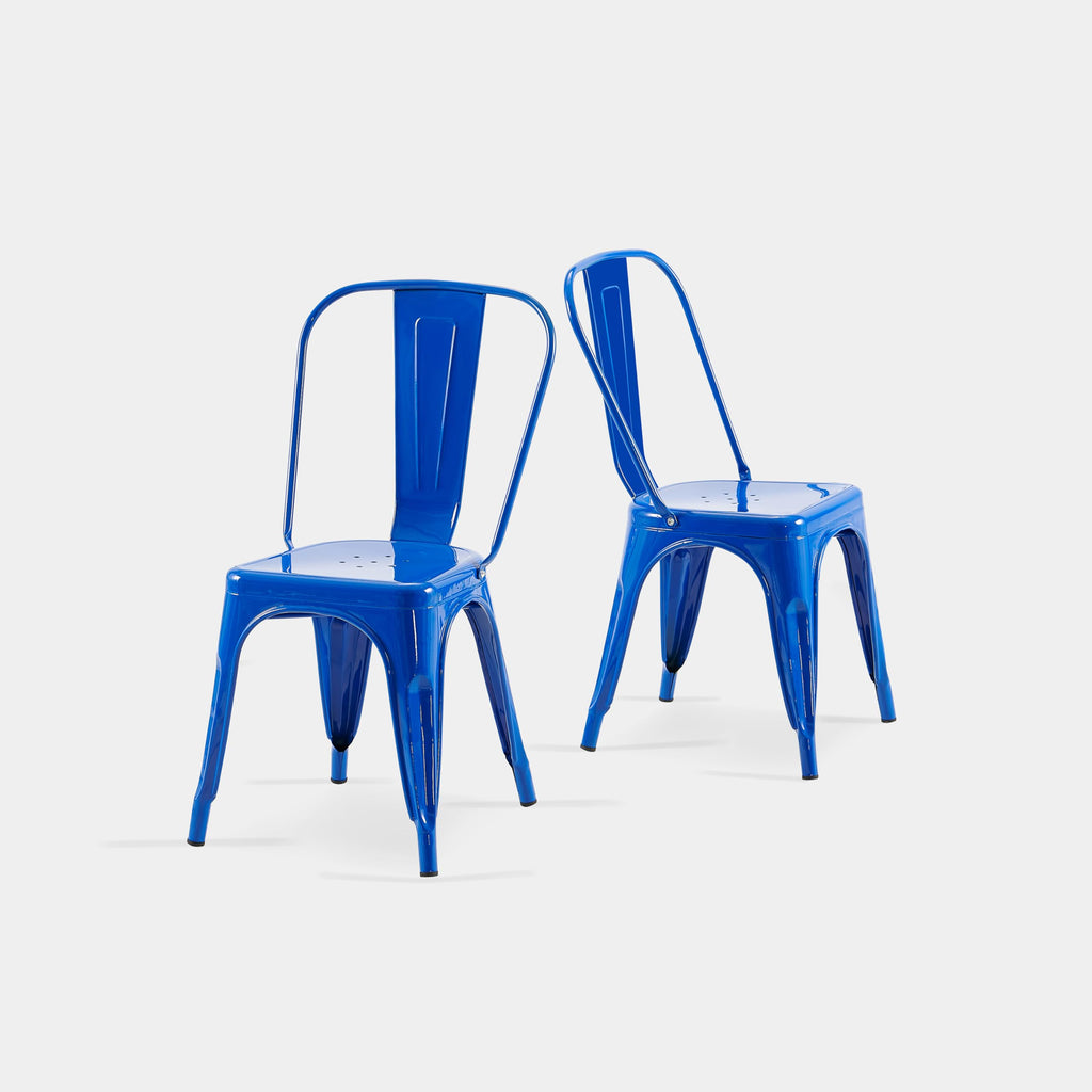 AC Pacific 18 Inch Seat Height Industrial Metal Dining Chairs, Stackable Kitchen or Bar Seat, Durable Modern Design, Versatile Accent Furniture, Set of 2, Dark Blue