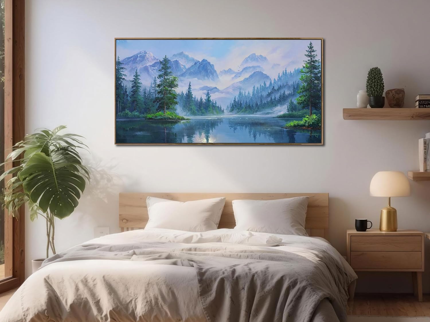 Ardemy Framed Lake & Mountain Canvas Wall Art 40"x20", Textured Blue-Green Landscape Painting, Large Nature Picture for Living Room Bedroom Office Decor