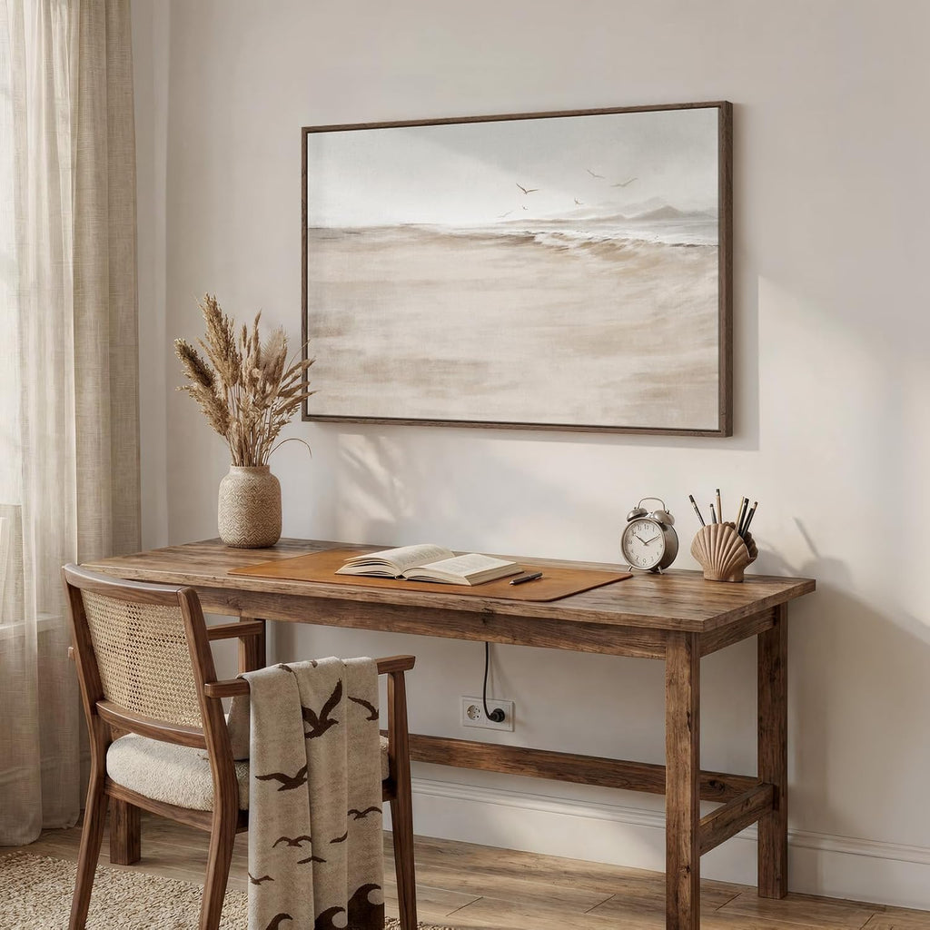 Framed Neutral Coastal Beach Canvas Wall Art, Abstract Landscape Canvas Prints Paintings for Walls, Large Beige Minimalist Pictures Wall Decor for Bedroom Dining Room Bathroom Living Room 24x36 In