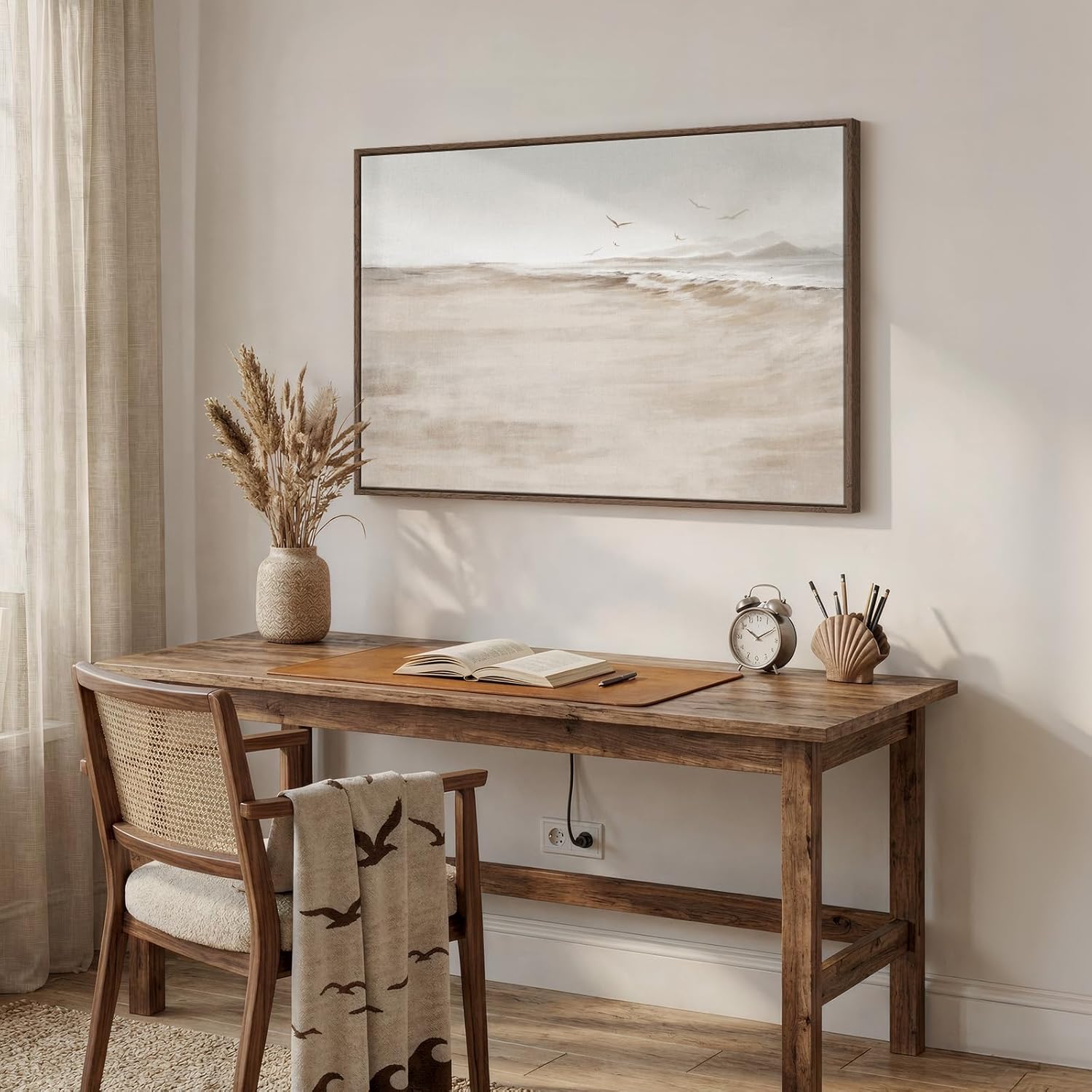Framed Neutral Coastal Beach Canvas Wall Art, Abstract Landscape Canvas Prints Paintings for Walls, Large Beige Minimalist Pictures Wall Decor for Bedroom Dining Room Bathroom Living Room 24x36 In
